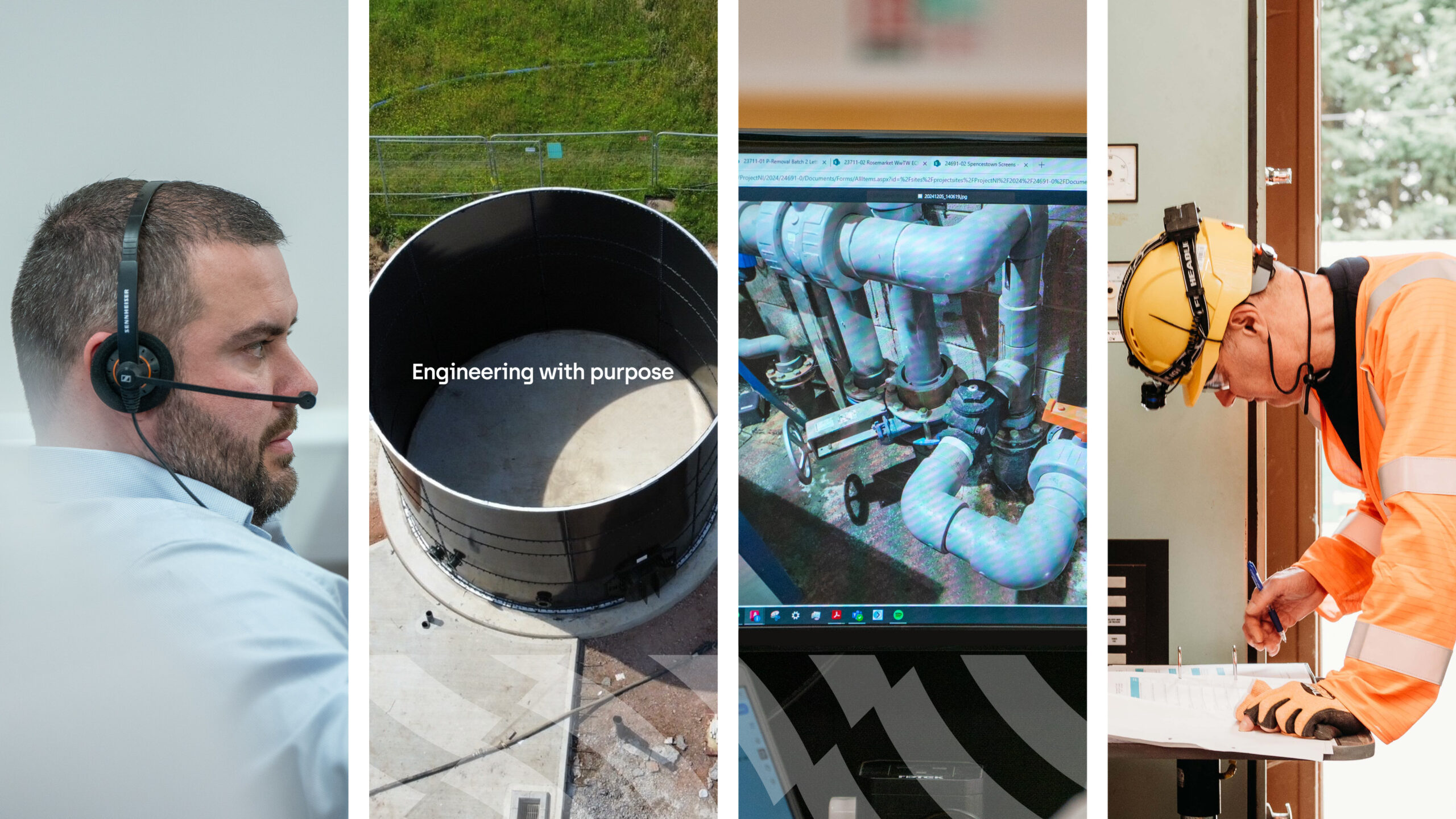Enisca Browne - Four vertical panels show an engineer on a call, a tank, piping plans, and a worker in safety gear.